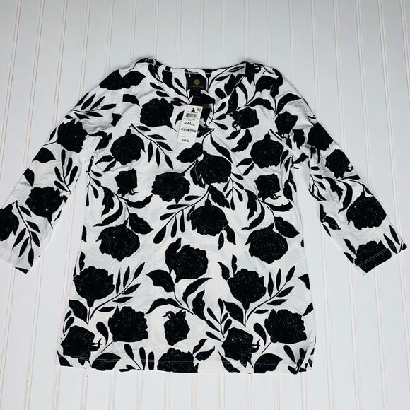 JM Collection Flocked Velvet Jacquard Keyhole 3/4 Sleeve Top Size S NWT - Picture 3 of 10